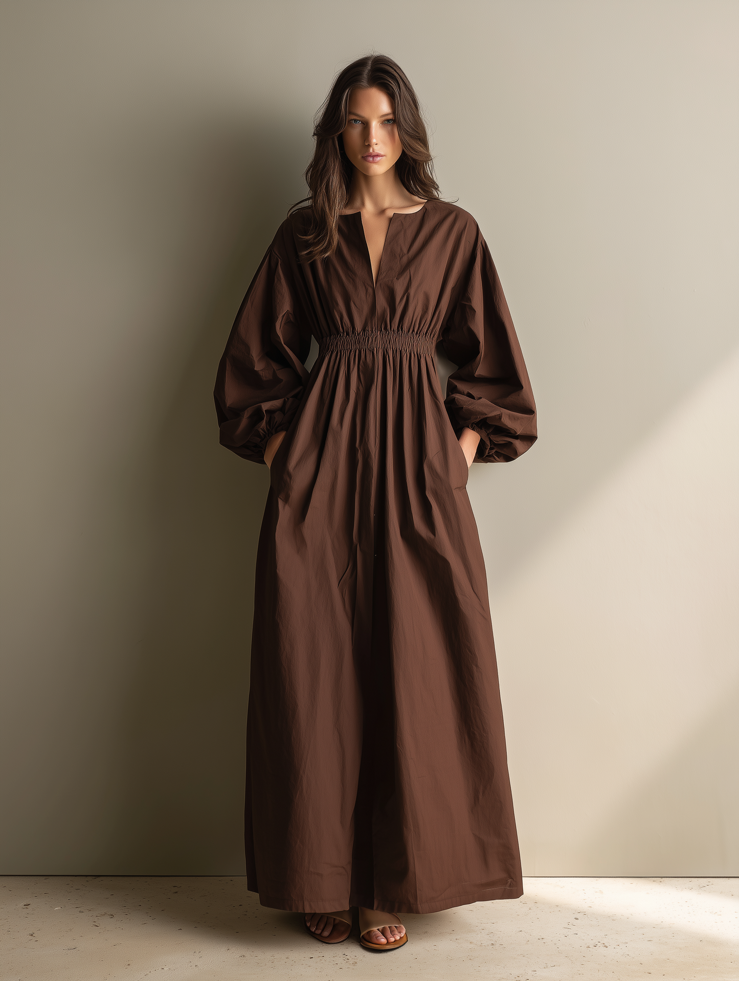 Casual Marrón Cotton And Linen Escote en V Manga larga Chalecoido maxi With Elastic Waist