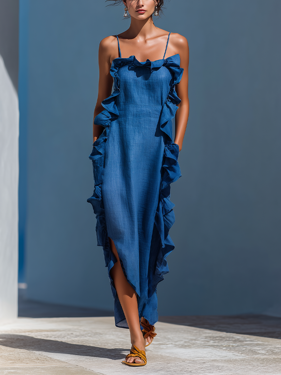 Azul Linen-Blend Spaghetti Strap Volante Trim Chalecoido maxi With Slit