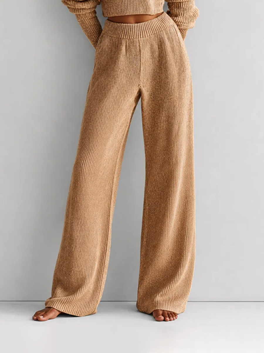 Elegante Casual Camel Wool-Knit Hombros descubiertos Manga larga Cropped Top & Cintura altaed Pierna ancha Trouser Conjunto