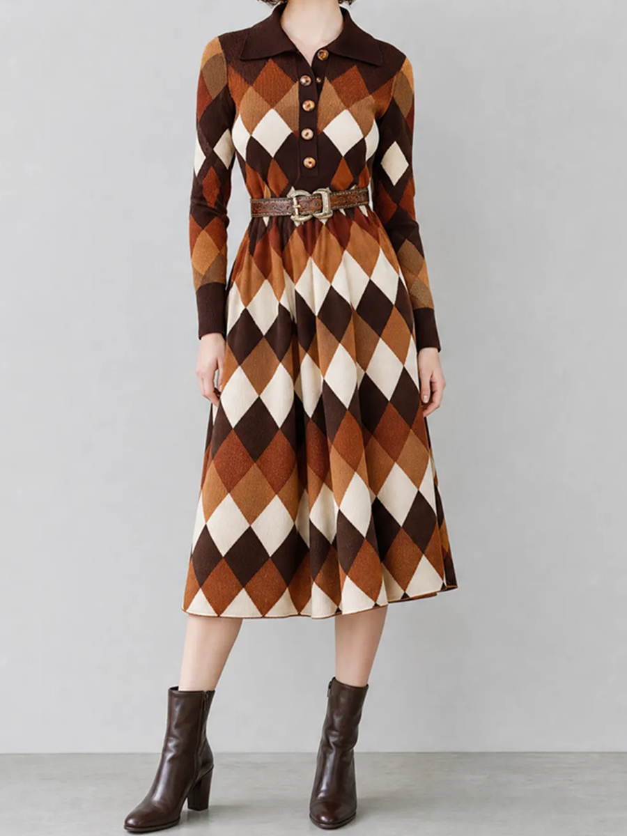 Elegante Vintage Marrón Argyle-Jacquard Polo-Collar Manga larga con cinturón Knit Chalecoido midi
