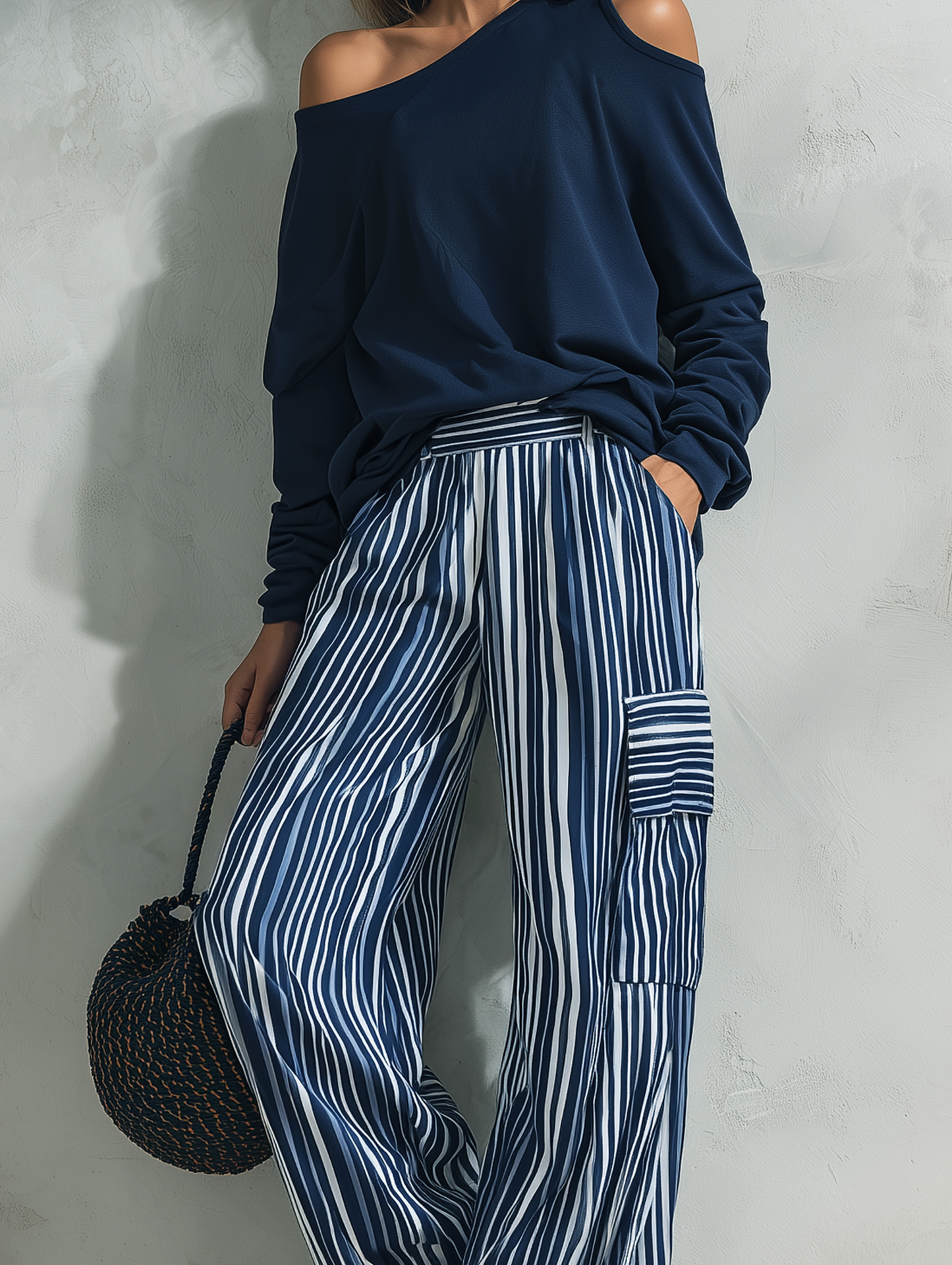 Casual Manga larga Top In Azul marino Sudadera Fabric, Paired With Azul-and-white Striped Woven Pantalón