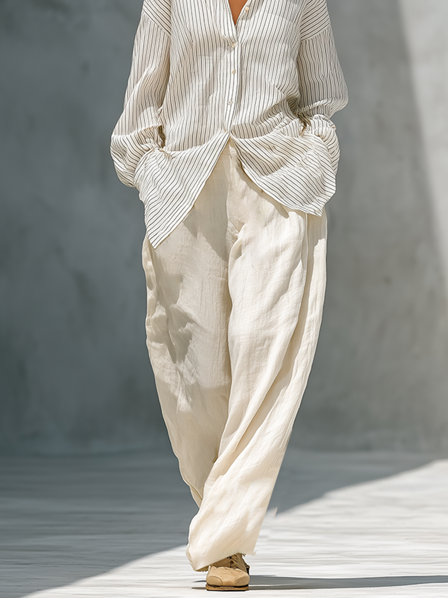 Off Blanco Stripe Cotton Blend Two Piece Matching Conjunto With Oversize Manga larga Camisa & Cintura alta Pierna ancha Pantalón, Minimalista Vacation Holgado Fit Co-Ord Outfit
