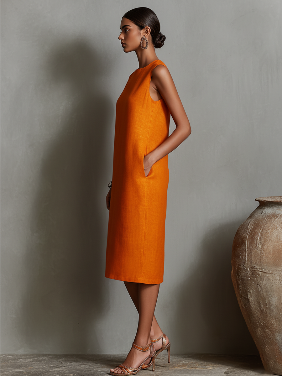 Naranja Linen Shift Dress With Sin mangas Cuello redondo & Side Pockets, Timeless Minimalista-Elegante Style Dress