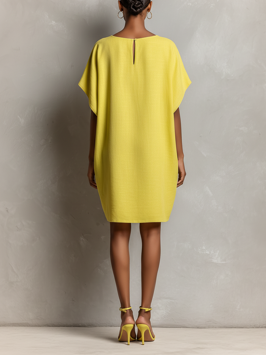 Lime Amarillo Linen-Blend Manga murciélago Patch Pocket Shift Dress