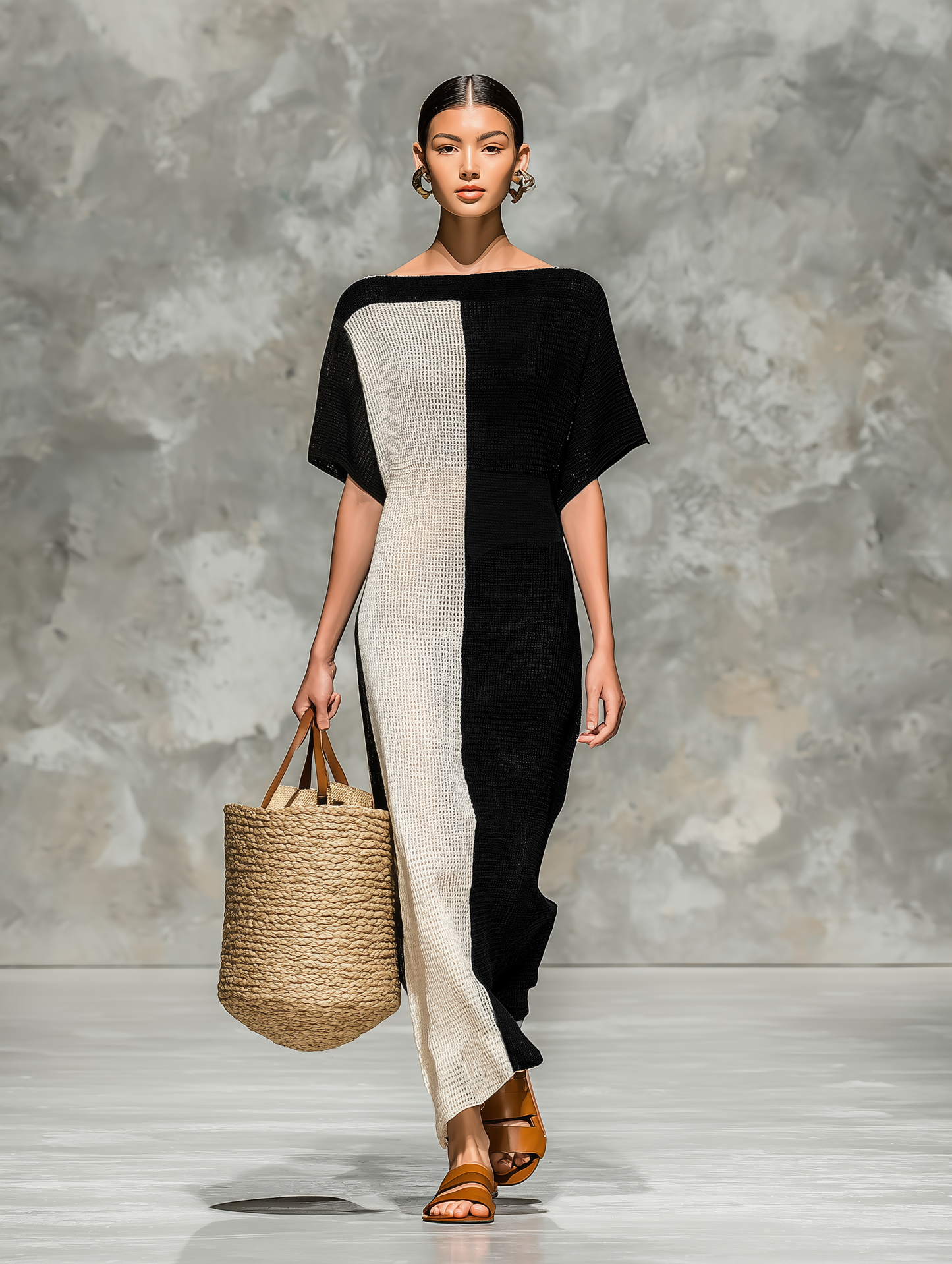 Minimalista Knitted Boat Neck Manga corta Chalecoido maxi