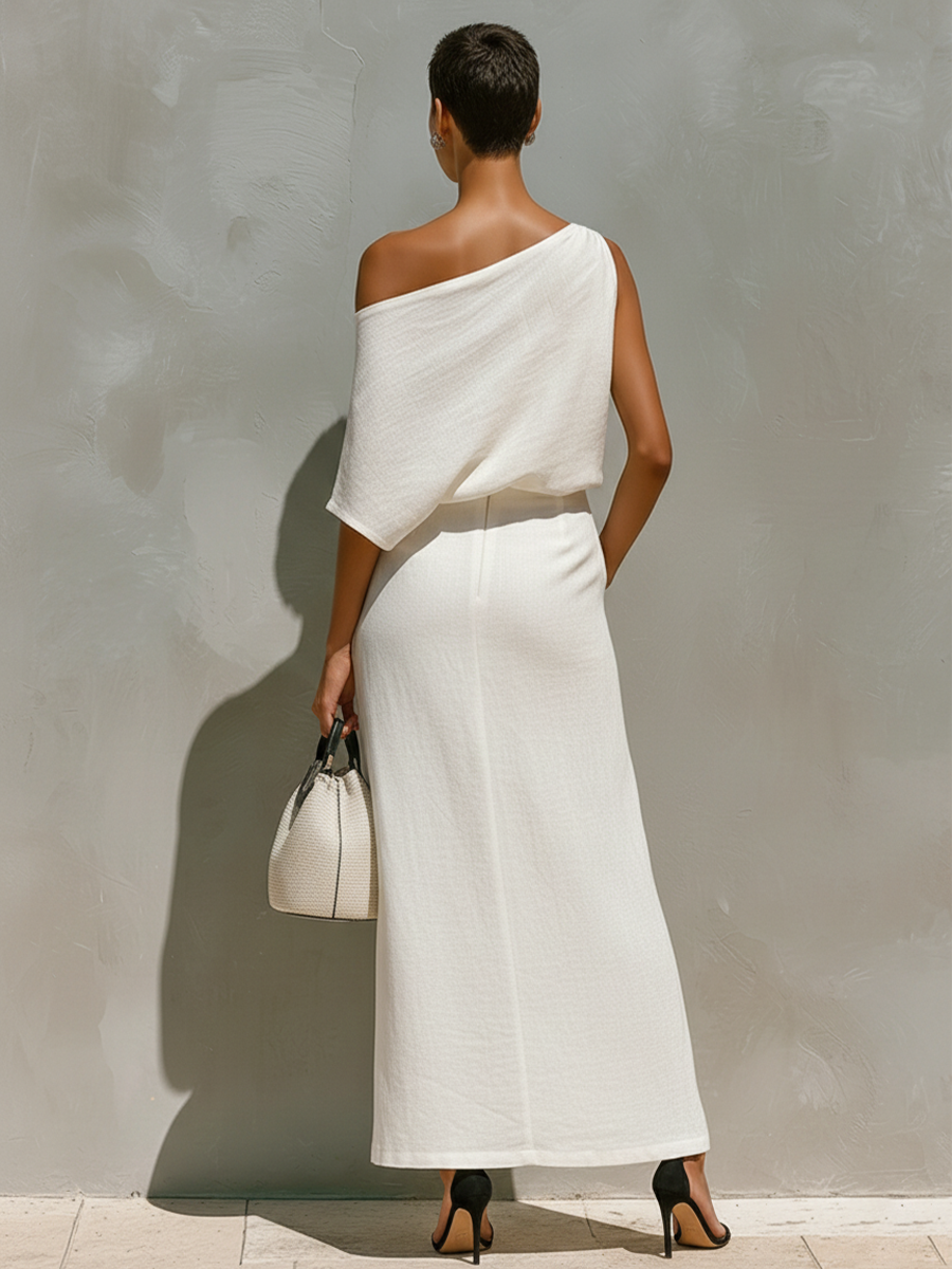 Blanco Linen Conjunto With One-Shoulder Knot Detail & Front Slit, Timeless Minimalista-Resort Style Conjunto