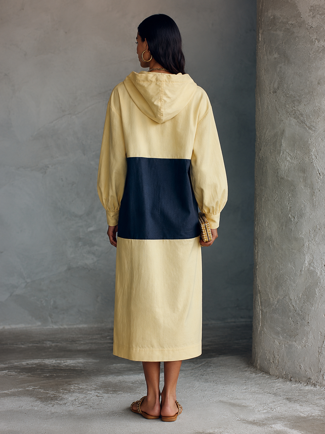 Minimal Casual Pale Amarillo Spliced Navy Cotton Blend Half con cremallera con capucha Manga larga Chalecoido midi