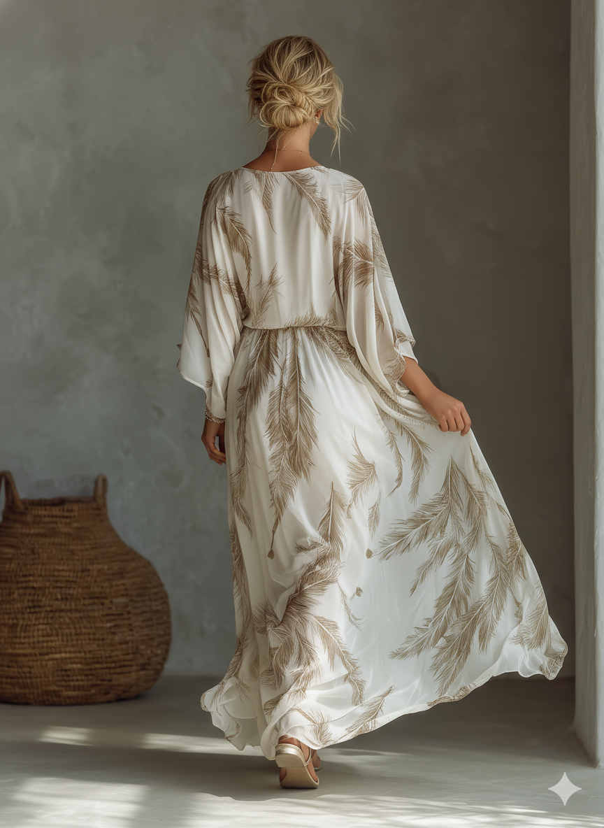 Marfil And Taupe Chiffon Fabric Dolman Sleeve Chalecoido maxi With Twist Front & Palm Leaf Print