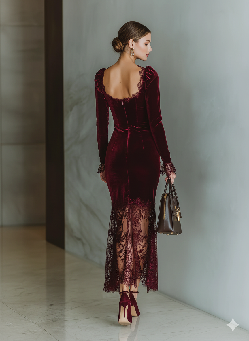Burdeos Velvet Encaje Fitted Chalecoido maxi