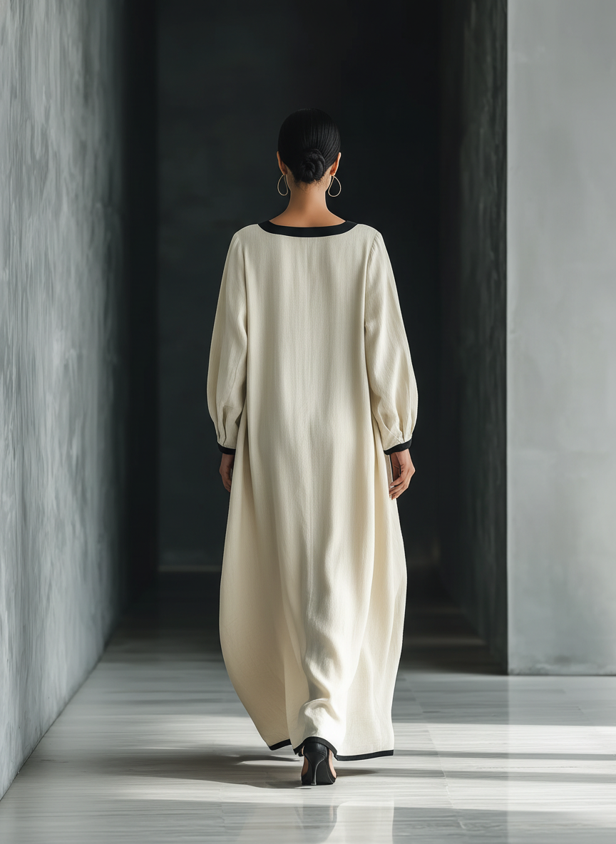 Beige Cotton And Linen Blend Square-Neck Chalecoido maxi With Negro Trim & Oversize Pockets
