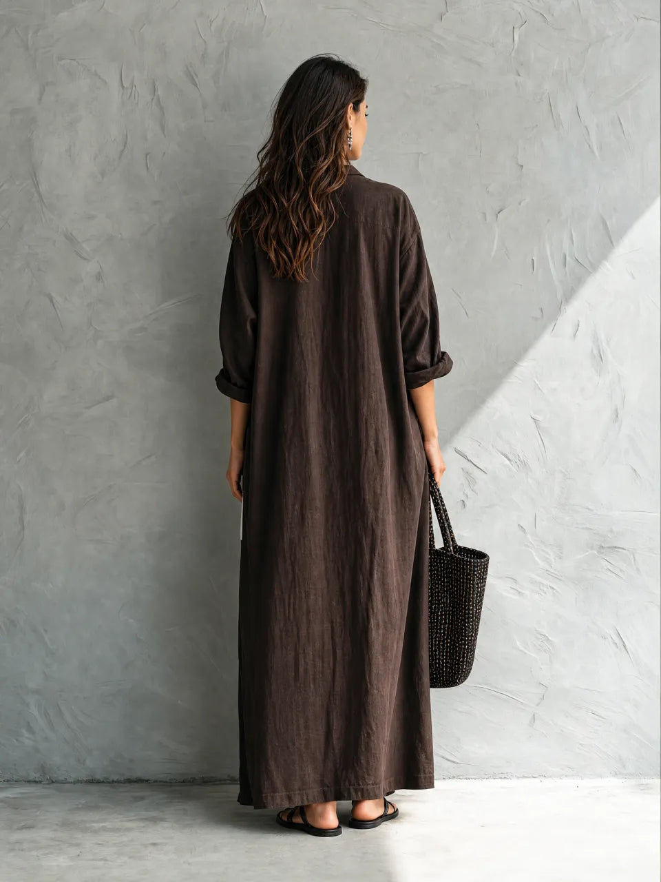Casual Marrón Cotton-Linen Escote en V Manga larga Chalecoido camisero