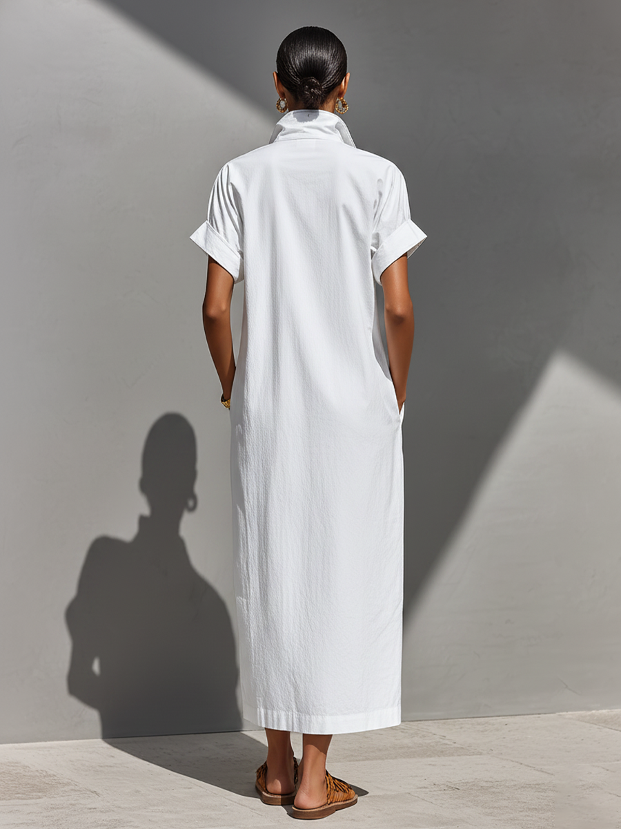 Blanco 100% Cotton Maxi Chalecoido camisero With Half-con cremallera Collar & Rolled Sleeves, Timeless Casual Everyday Dress