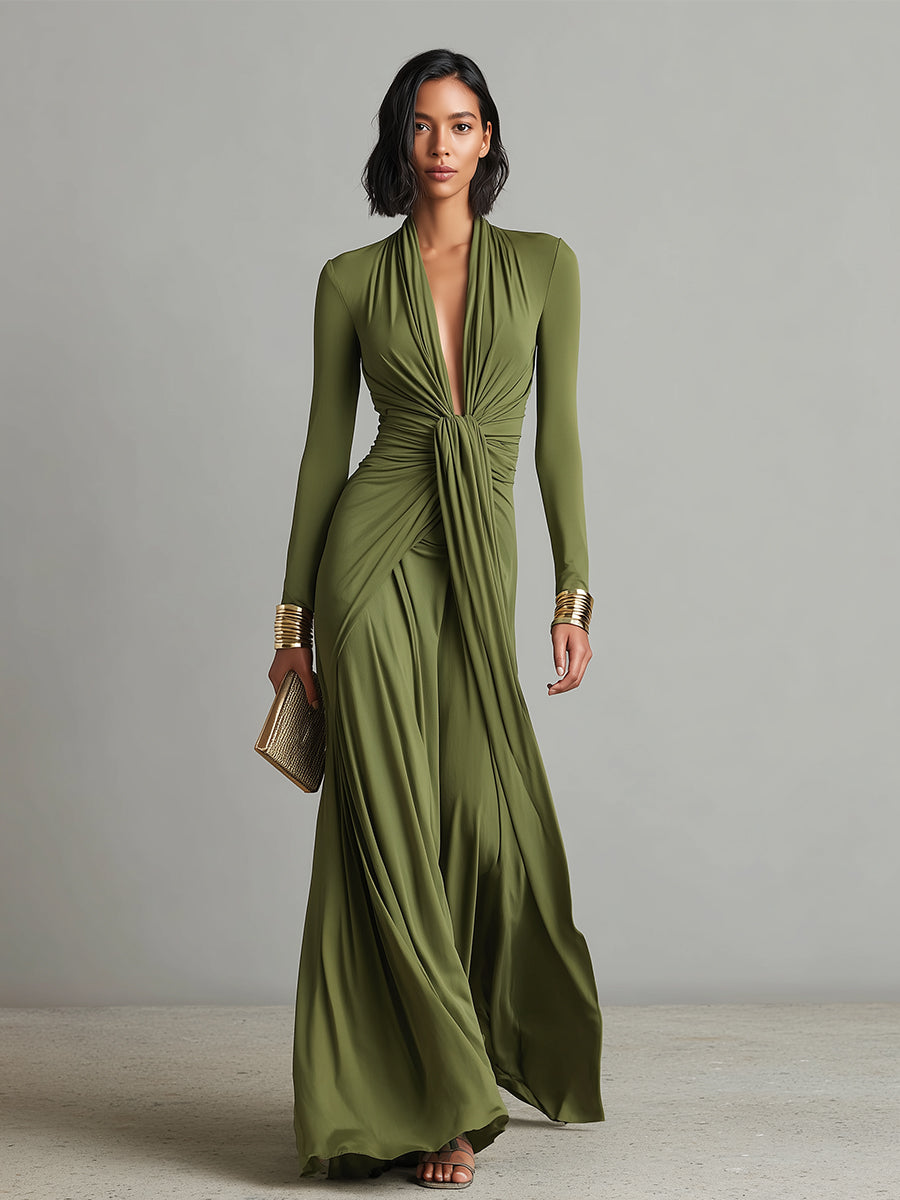 Olive Silky Elásticoy Dress With Deep Escote en V & Ruched Detail, Glamorous Chalecoido maxi