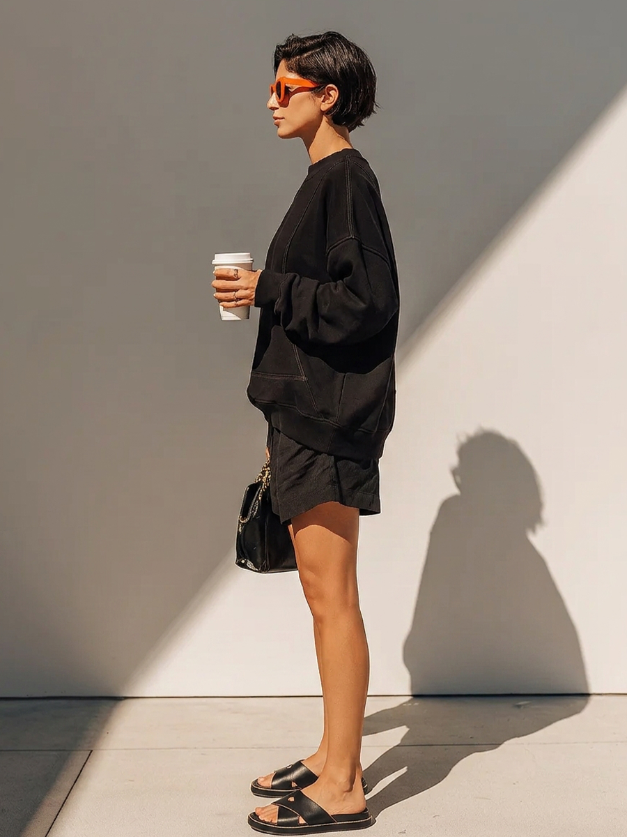 Solid Negro Cotton Fabric Co-Ord With Manga larga Holgado Sweat Top & Relaxed Fit Casual Shorts, Modern Effortless-Chic Daily Athleisure Outfit