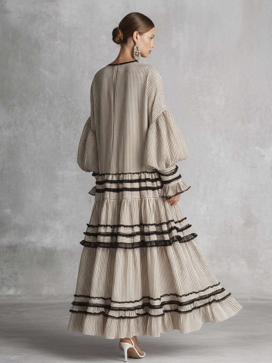 Boho Striped Volante Tiered Cotton Blend Manga larga Chalecoido maxi