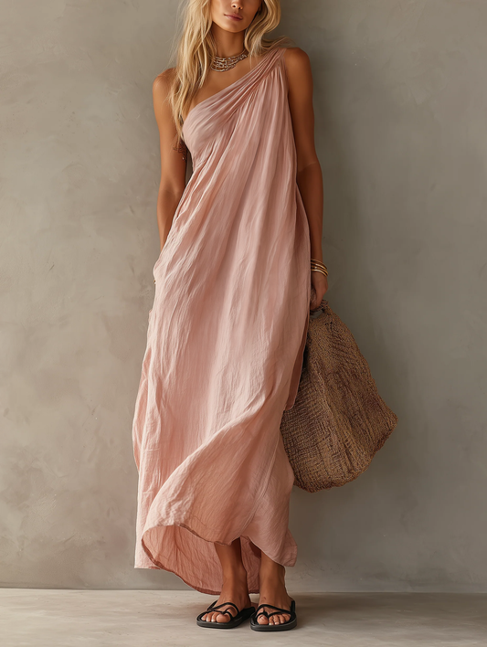 Vestido maxi rosa de un hombro en algodón y lino