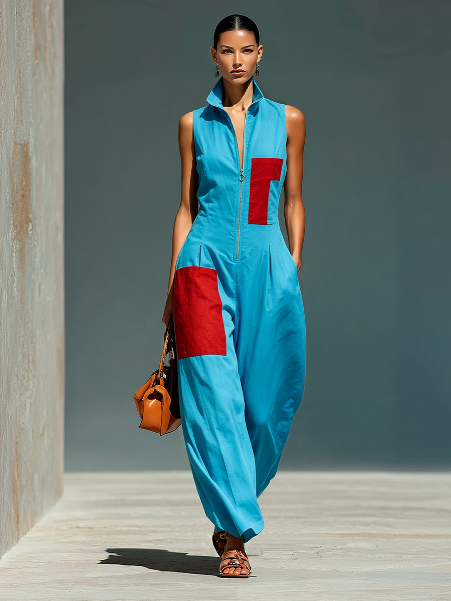 Azul Linen-Blend Sin mangas Mono With Rojo Patch Pockets & Half-con cremallera Cuello mao
