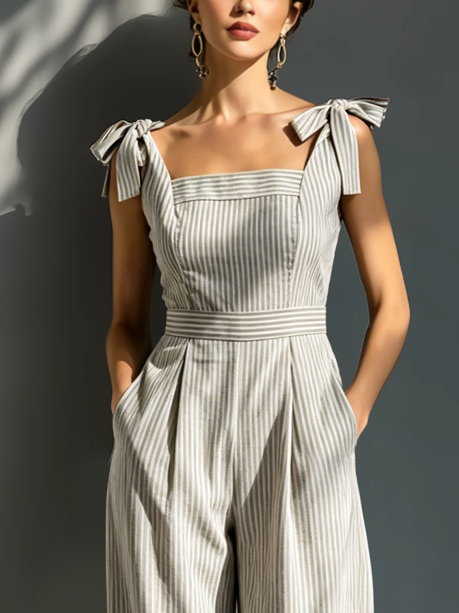 Beige & Blanco Striped Linen-Blend Mono With Square Neck & Tie Straps