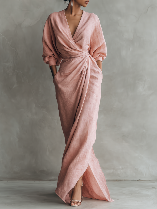 Vestido maxi rosa minimalista con escote en V