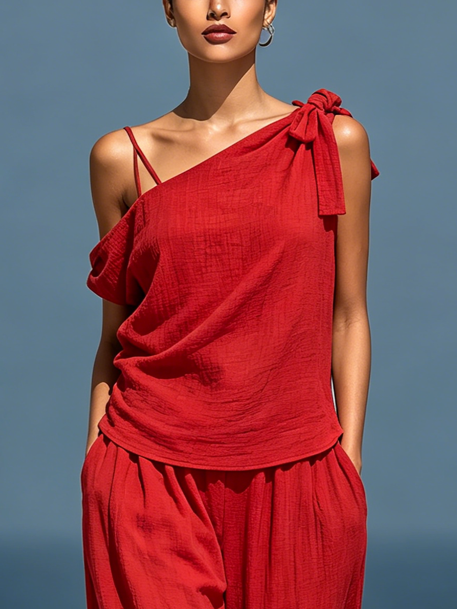 RojoTwo-Piece Conjunto: Asymmetrical One-Shoulder Top (Without Neck Scarf) & Pierna ancha Pantalón con bolsillos