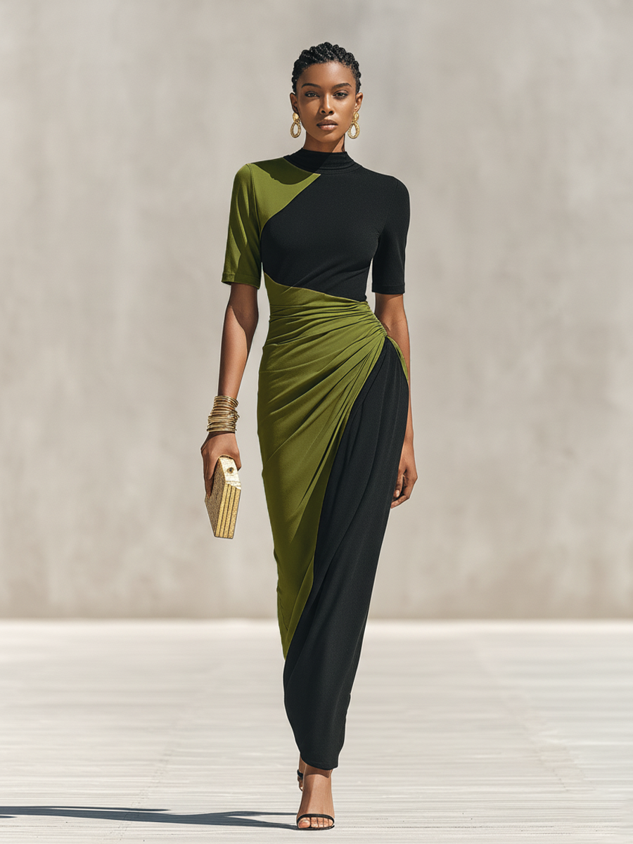 Negro & Olive Verde Color-Block Jersey Chalecoido maxi With High Neck & Waist Ruched Detail, Elegante Bodycon Evening Dress