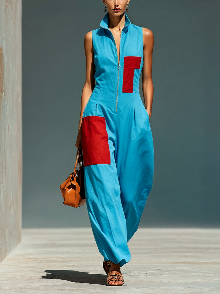 Azul Linen-Blend Sin mangas Mono With Rojo Patch Pockets & Half-con cremallera Cuello mao