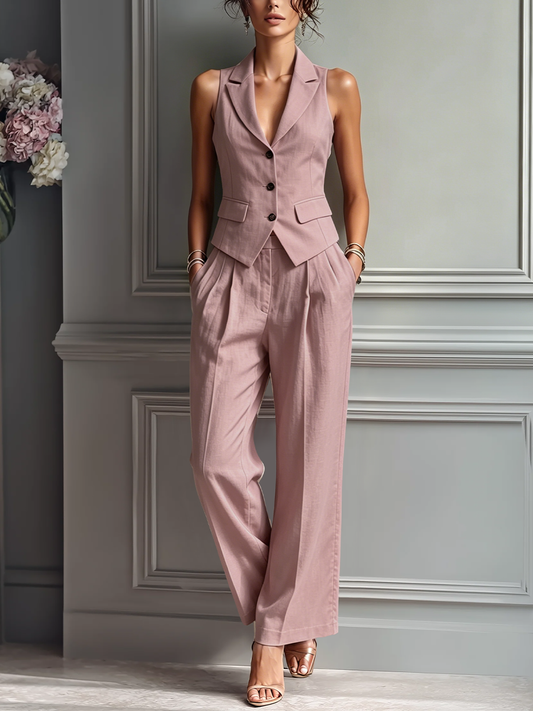 Blush Rosa Linen Fabric Sin mangas Chaleco & Pierna ancha Pantalón Two-Piece Conjunto With Lapel Collar