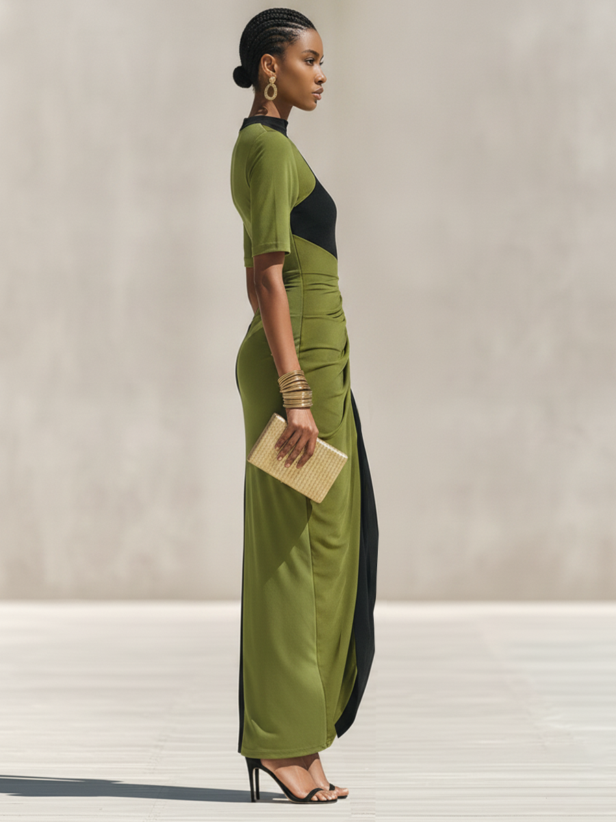 Negro & Olive Verde Color-Block Jersey Chalecoido maxi With High Neck & Waist Ruched Detail, Elegante Bodycon Evening Dress