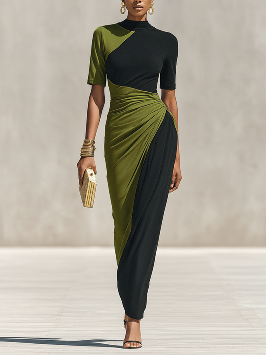 Vestido maxi negro y verde oliva con cuello alto