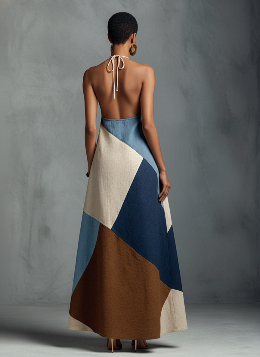 Bohemian Multi-color Cotton Linen Blend Patchwork Halter Chalecoido maxi