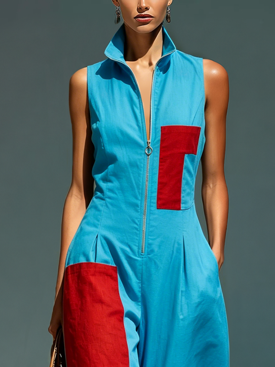 Azul Linen-Blend Sin mangas Mono With Rojo Patch Pockets & Half-con cremallera Cuello mao