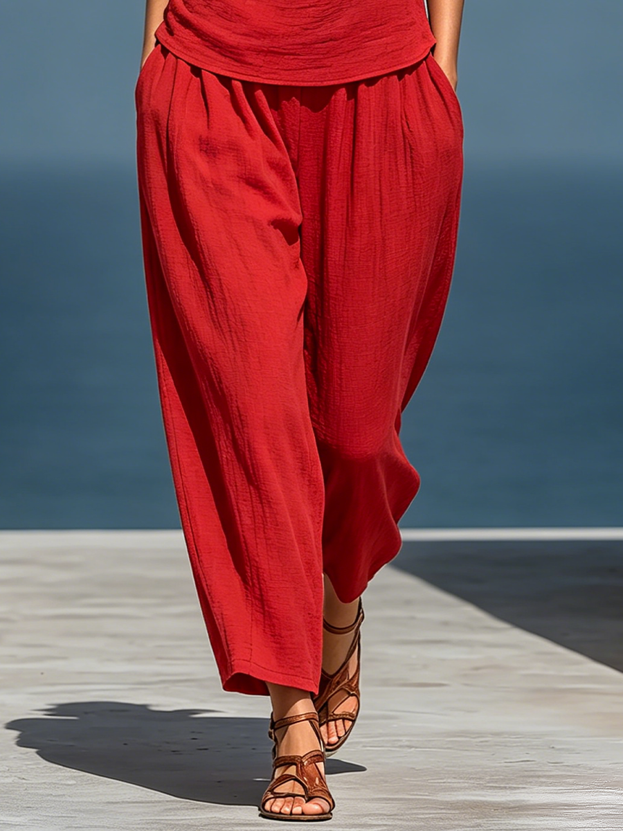 RojoTwo-Piece Conjunto: Asymmetrical One-Shoulder Top (Without Neck Scarf) & Pierna ancha Pantalón con bolsillos