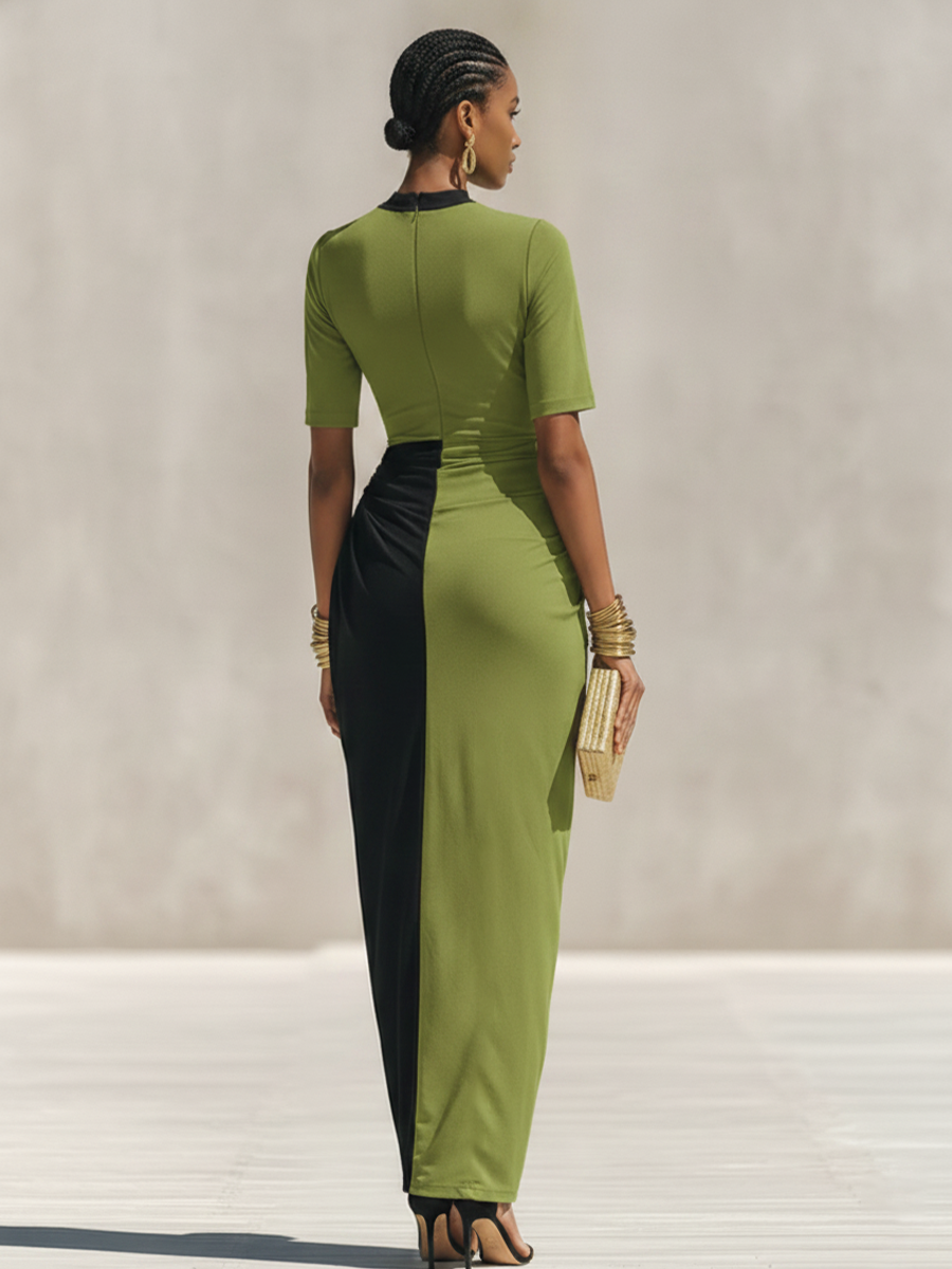 Negro & Olive Verde Color-Block Jersey Chalecoido maxi With High Neck & Waist Ruched Detail, Elegante Bodycon Evening Dress