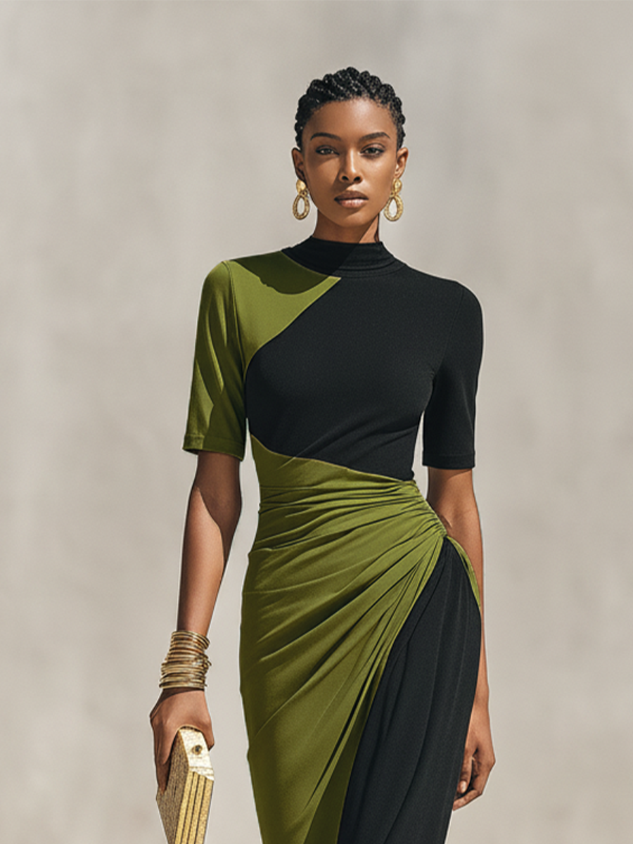 Negro & Olive Verde Color-Block Jersey Chalecoido maxi With High Neck & Waist Ruched Detail, Elegante Bodycon Evening Dress