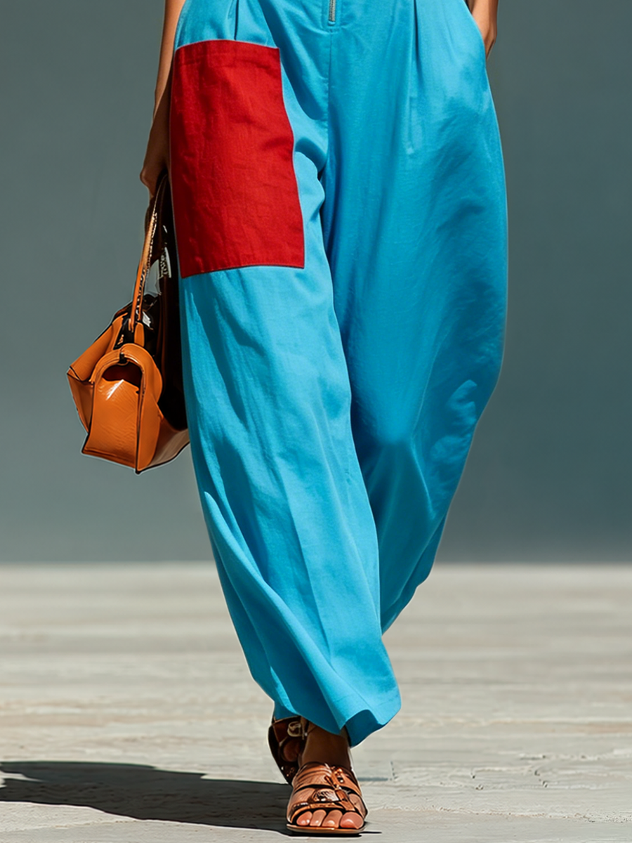 Azul Linen-Blend Sin mangas Mono With Rojo Patch Pockets & Half-con cremallera Cuello mao