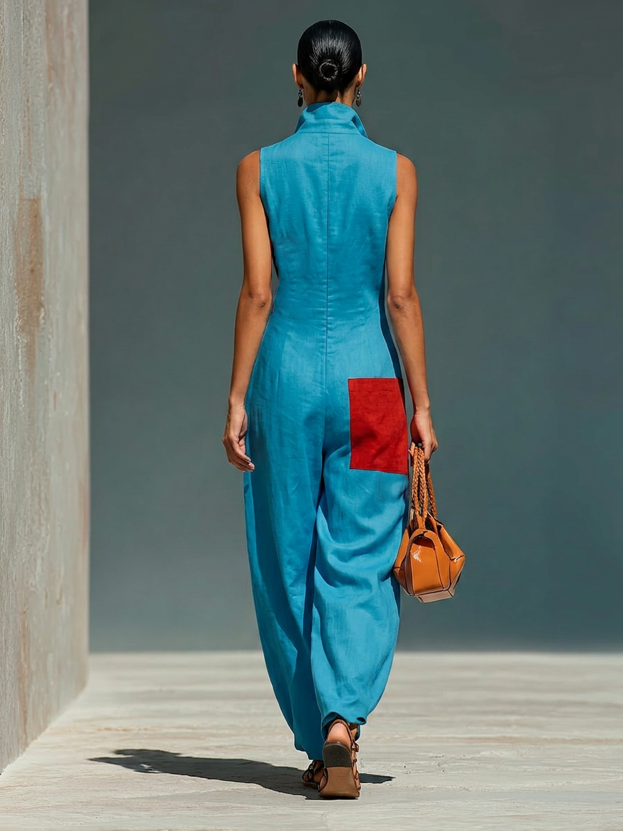 Azul Linen-Blend Sin mangas Mono With Rojo Patch Pockets & Half-con cremallera Cuello mao