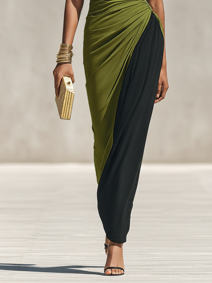 Negro & Olive Verde Color-Block Jersey Chalecoido maxi With High Neck & Waist Ruched Detail, Elegante Bodycon Evening Dress
