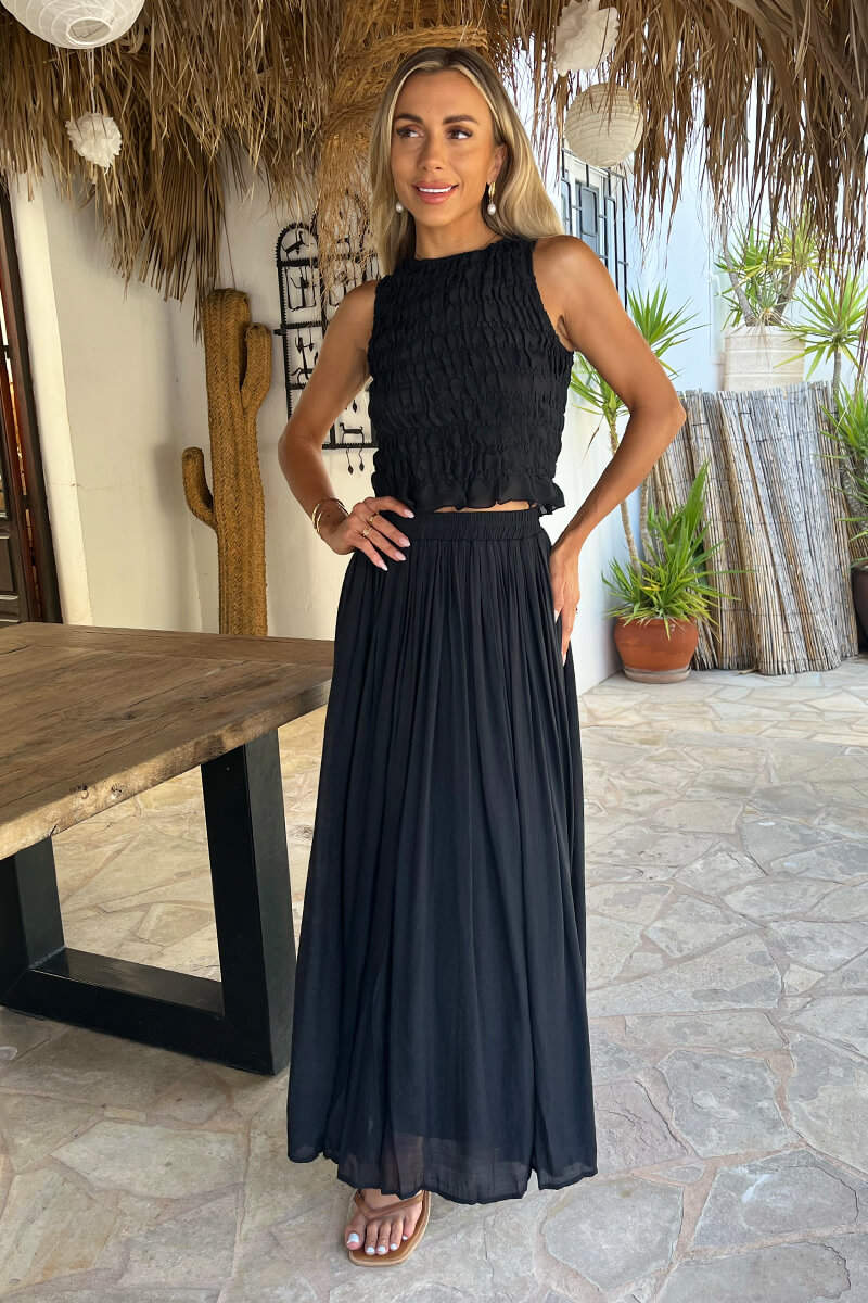 Black Pleated Boho Midi Skirt