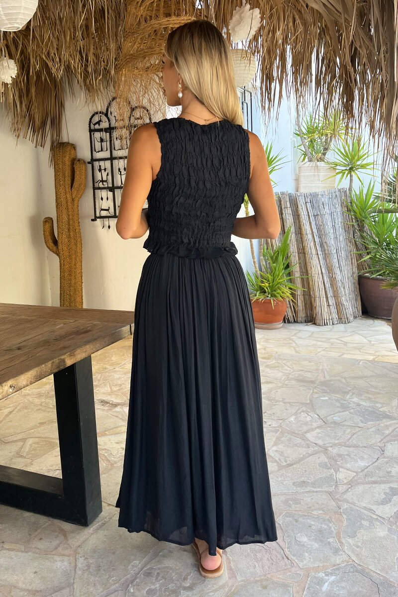Black Pleated Boho Midi Skirt