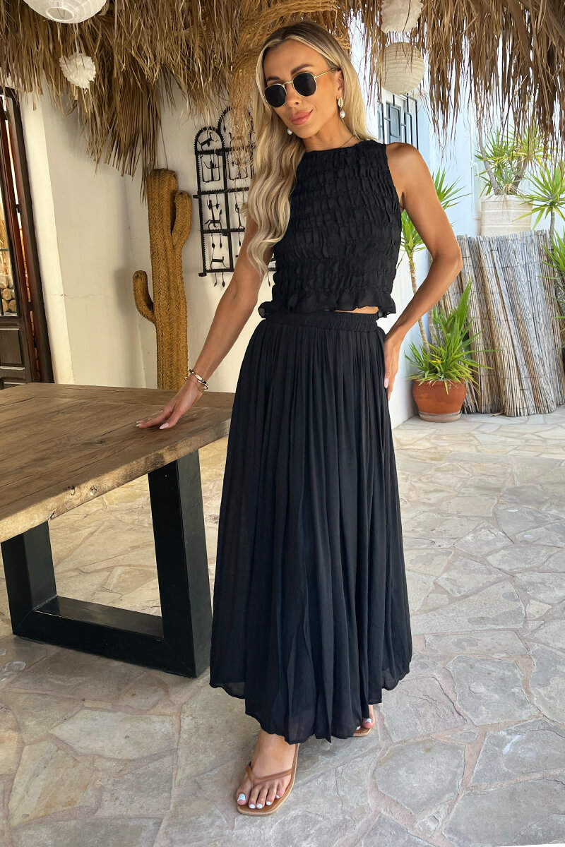 Black Pleated Boho Midi Skirt