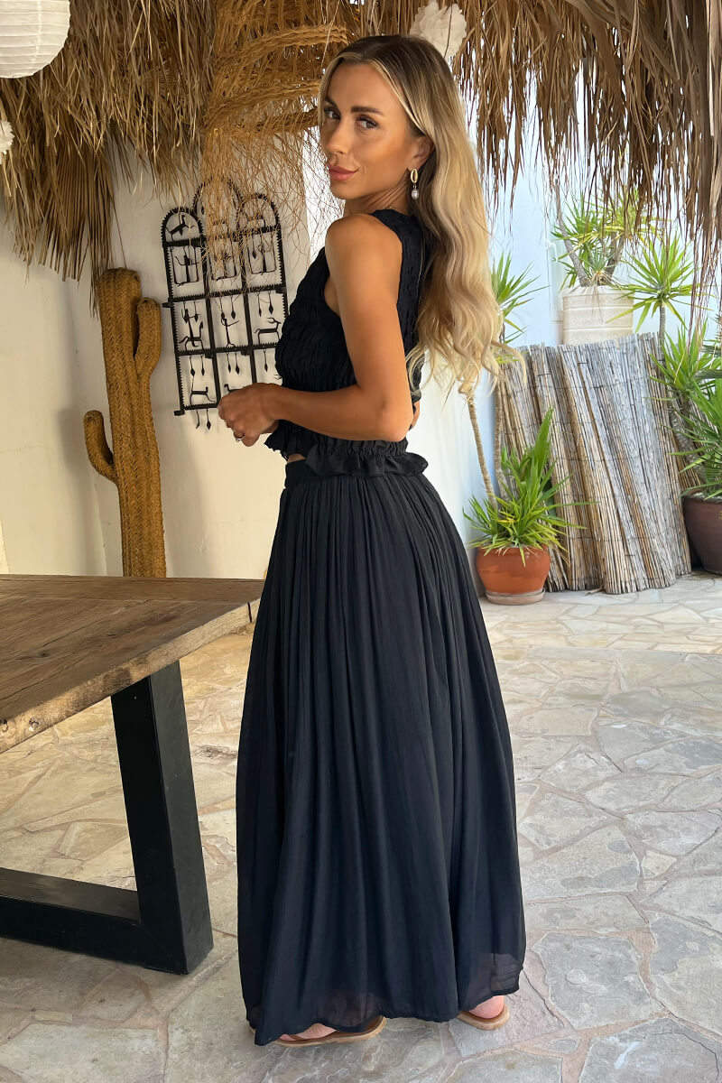 Black Pleated Boho Midi Skirt