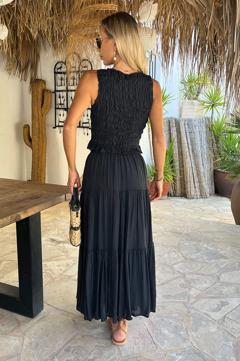 Black Tiered Midi Skirt