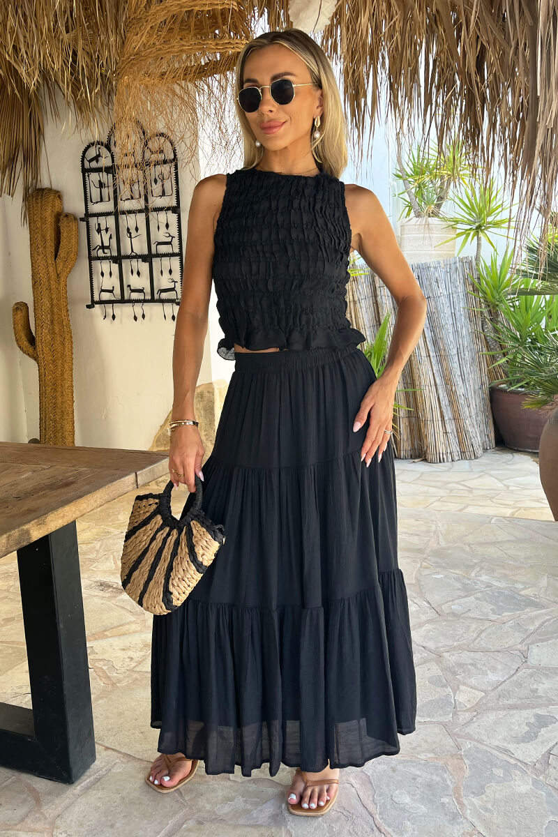 Black Tiered Midi Skirt