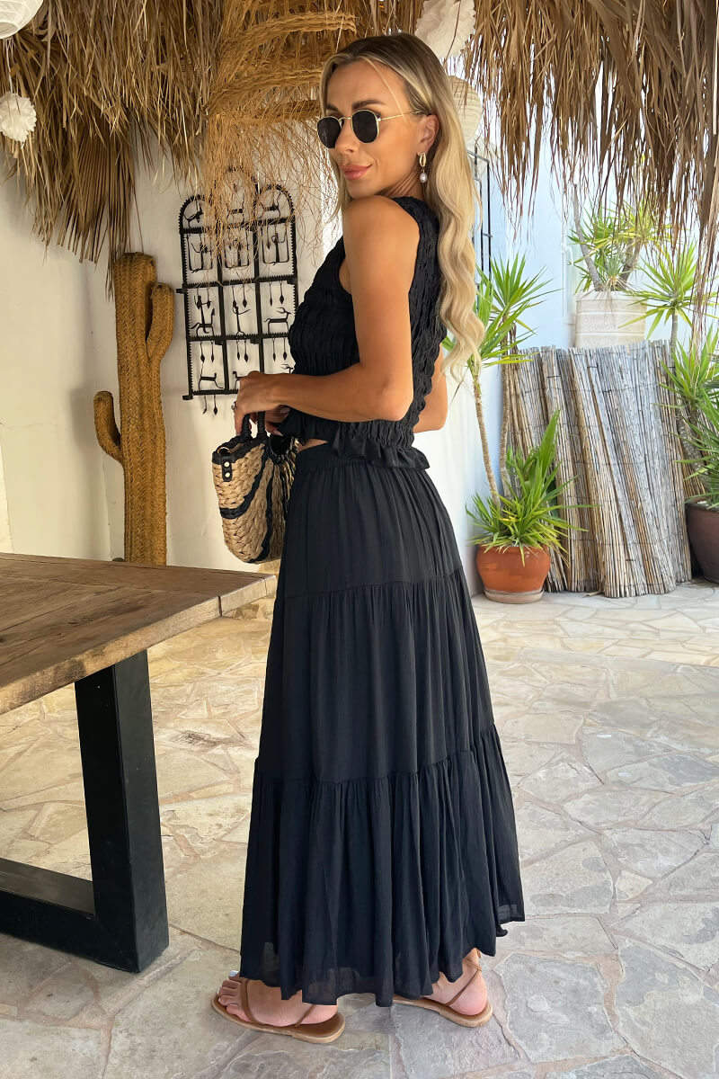 Black Tiered Midi Skirt