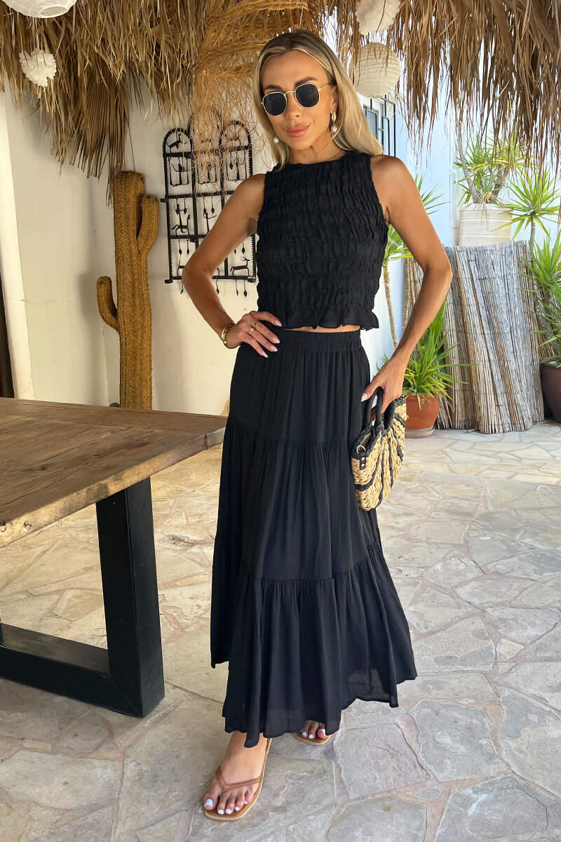 Black Tiered Midi Skirt