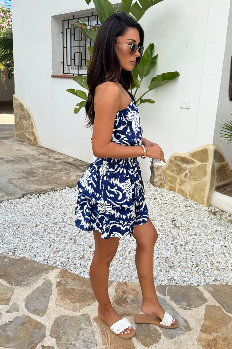 Blue Palm Tree Print Strapless Tiered Mini Dress
