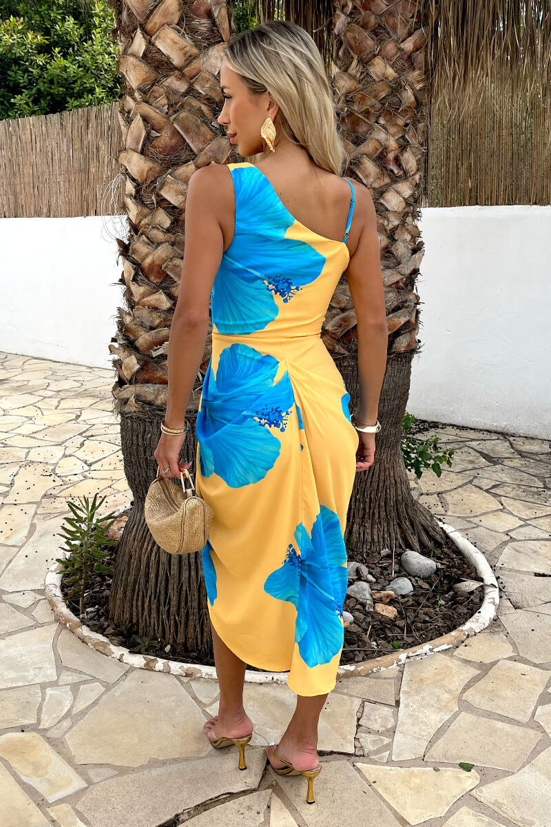 Yellow And Blue Floral Print Strap Detail Gathered Midi Dress