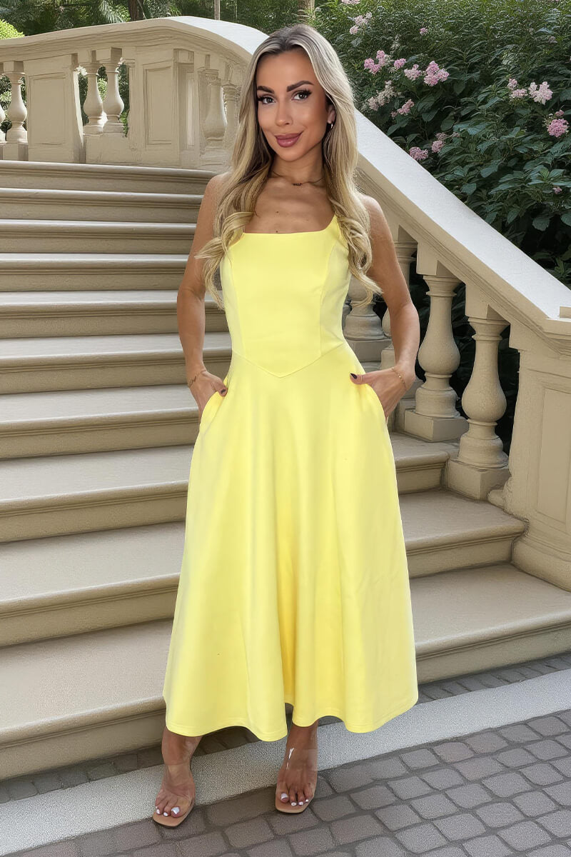Soft Yellow Square Neck A-line Midi Dress