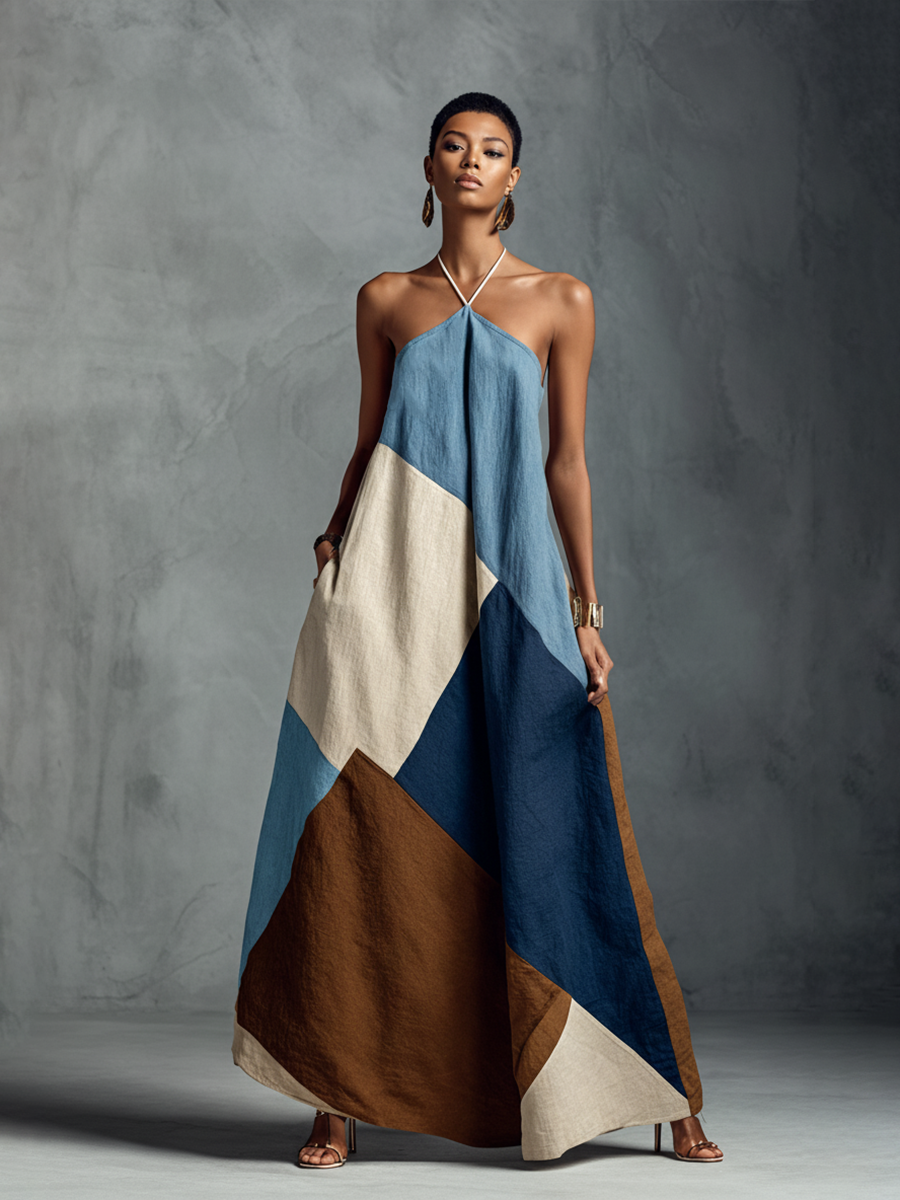 Bohemian Multi-color Cotton Linen Blend Patchwork Halter Chalecoido maxi