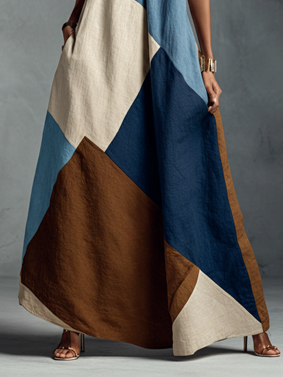 Bohemian Multi-color Cotton Linen Blend Patchwork Halter Chalecoido maxi